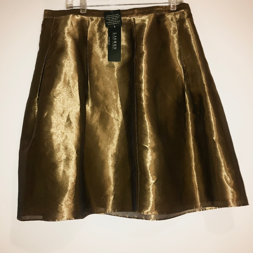 NWT Vintage 90s Ralph Lauren Metallic Silk Gold A Line Skirt Size 14 Spring